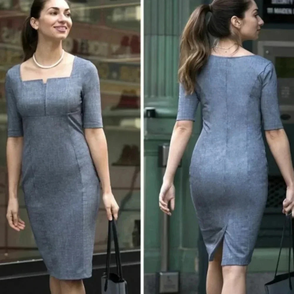 Betabrand Grey Blue Dress Ponte Knit Executive Sheath Dress Small